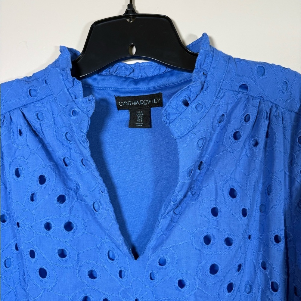 Cynthia Rowley 3/4 Sleeve V-Neck Ruffle Bottom Blue Cotton Dress Size Small - Picture 3 of 8